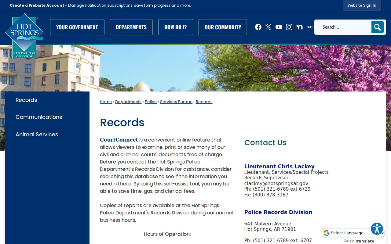 Garland County arrest lookup Hot Springs Police Records page