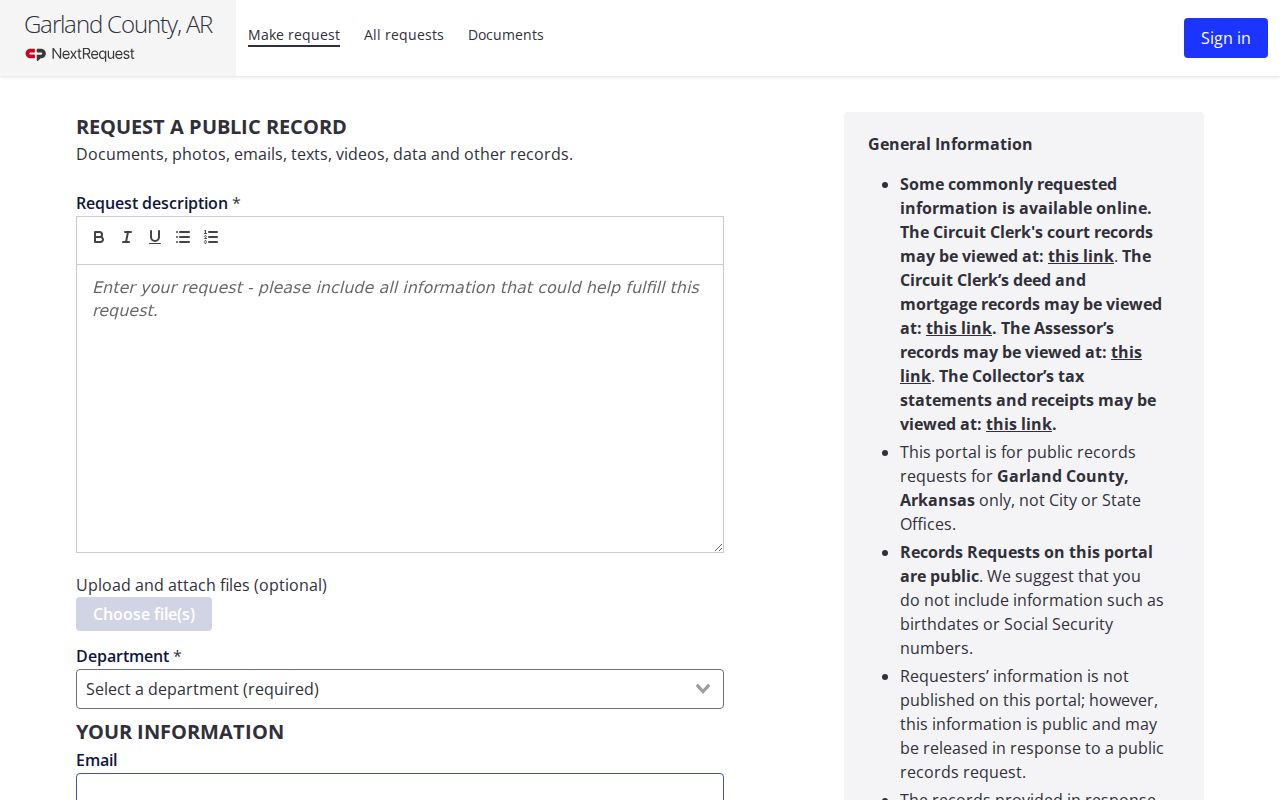 Garland County arrest lookup public records request form