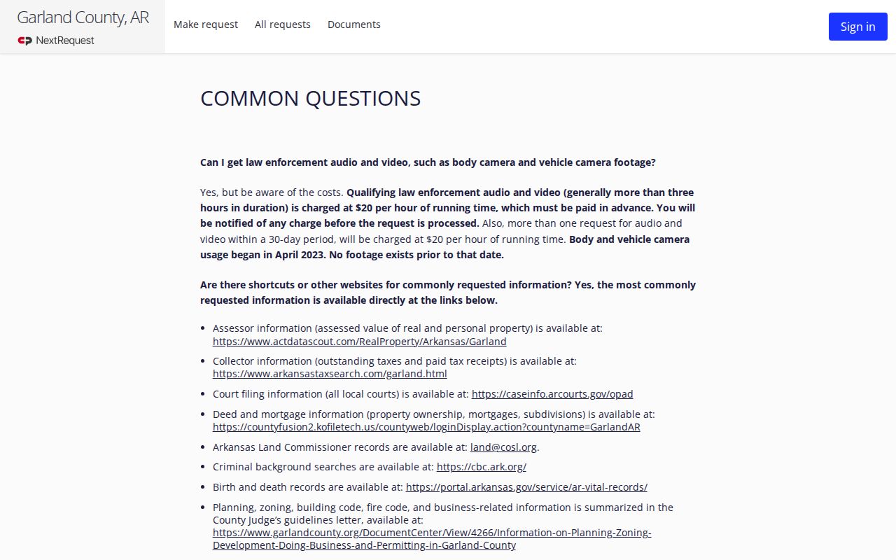 Garland County arrest lookup NextRequest FAQ