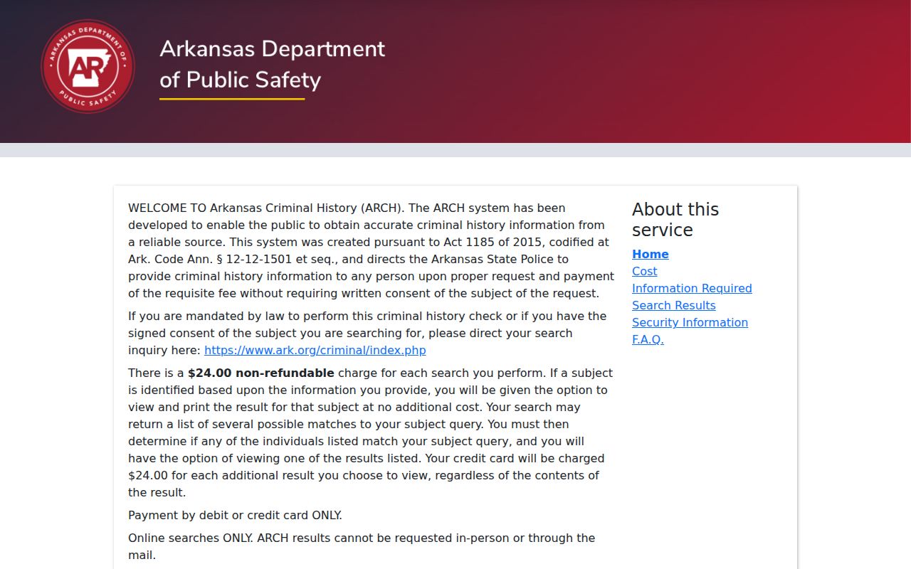 Garland County criminal history ARCH portal