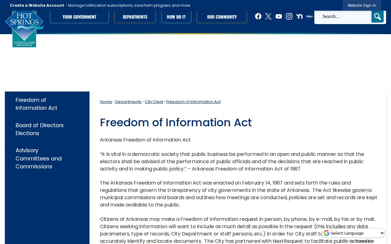 Hot Springs criminal records FOIA page